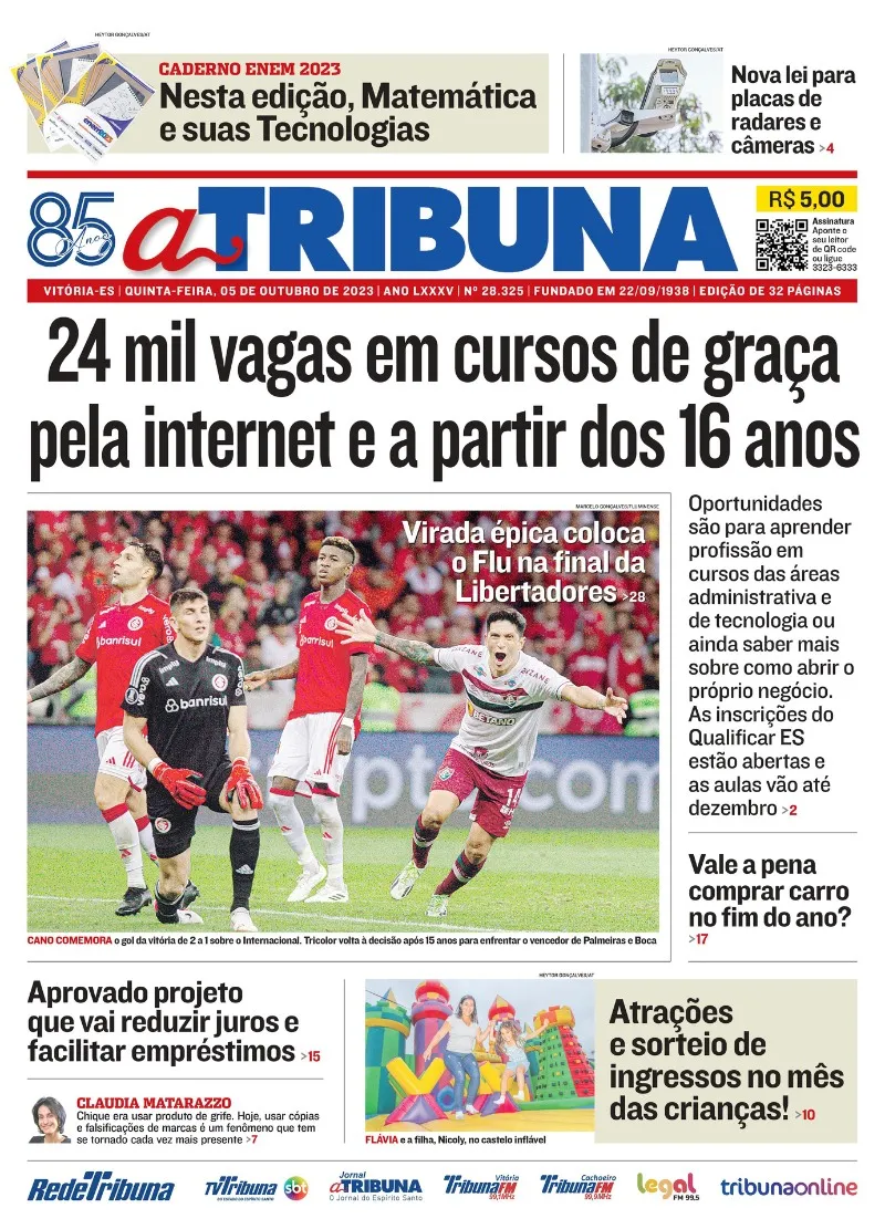 Imagem ilustrativa da imagem Confira os destaques do jornal A Tribuna desta quinta-feira
