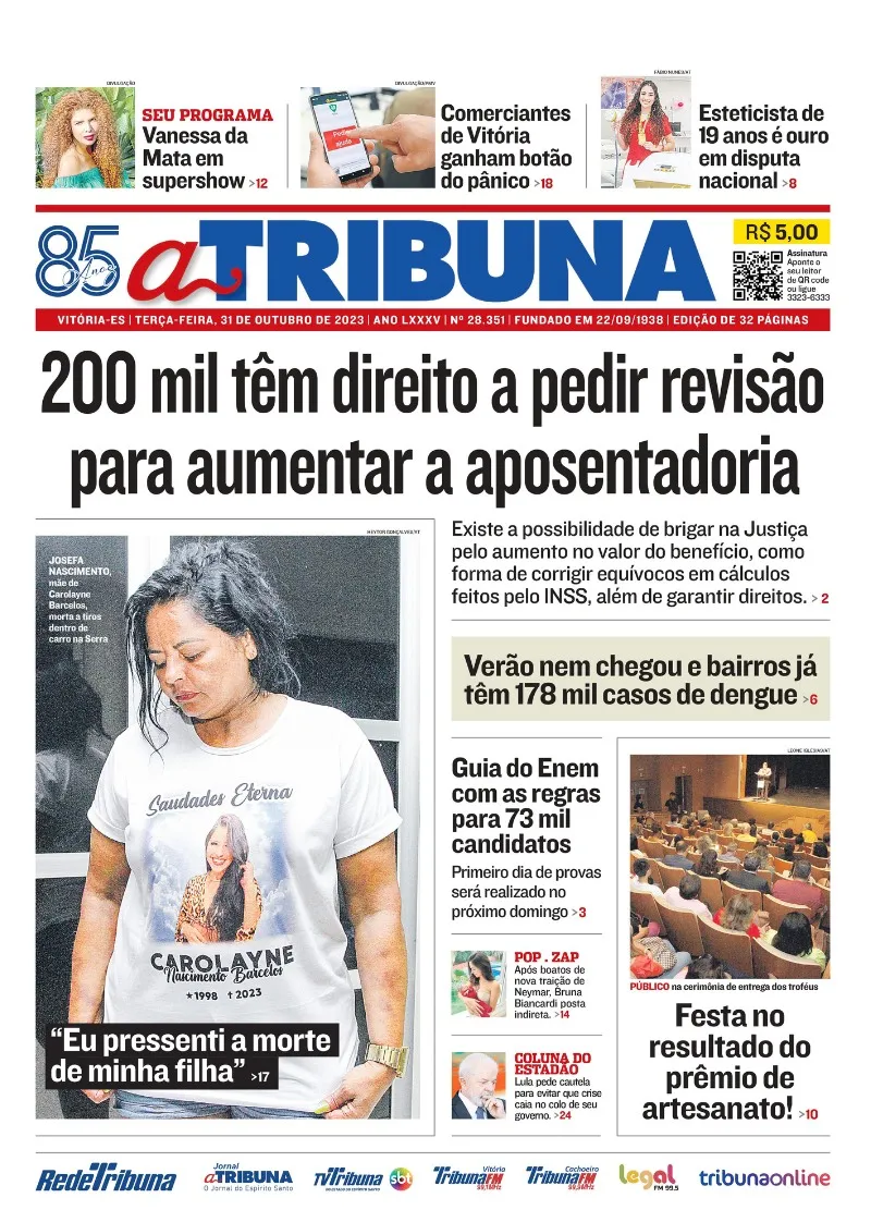Imagem ilustrativa da imagem Confira os destaques do jornal A Tribuna desta terça-feira