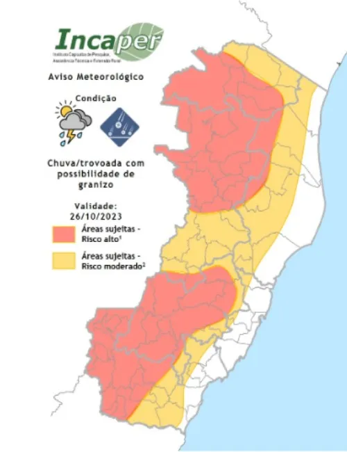 Imagem ilustrativa da imagem Instituto emite aviso para risco de temporal e de chuva granizo em regiões do ES