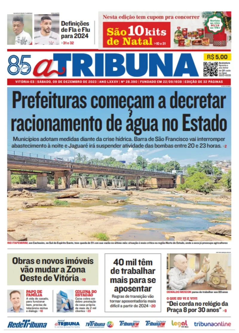 Imagem ilustrativa da imagem Veja os destaques do jornal A Tribuna deste sábado, dia 09 de dezembro