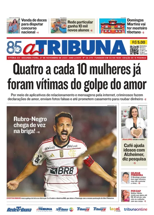 Imagem ilustrativa da imagem Confira os destaques do jornal A Tribuna desta segunda-feira