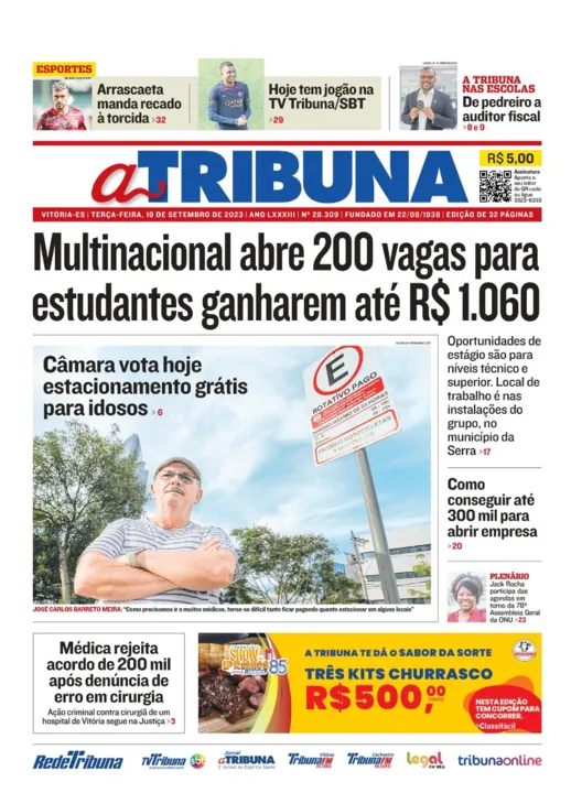 Imagem ilustrativa da imagem Confira os destaques do jornal A Tribuna desta terça-feira