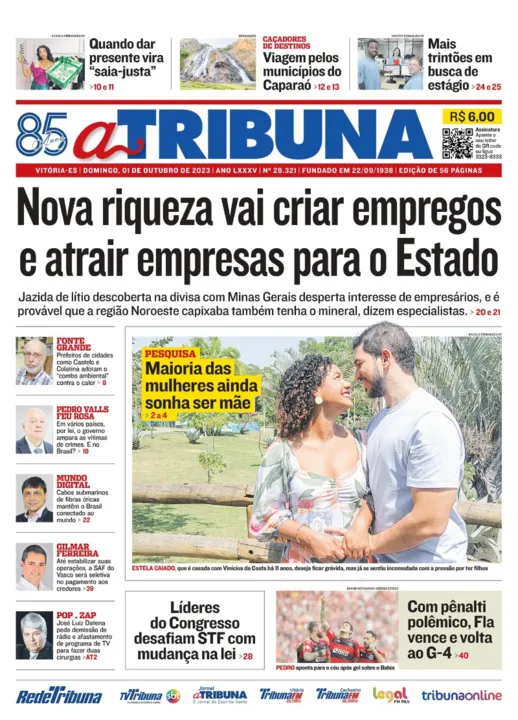 Imagem ilustrativa da imagem Confira os destaques do jornal A Tribuna deste domingo