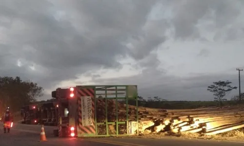 
          Imagem ilustrativa da imagem Carreta com eucaliptos tomba e interdita BR-101 no ES
          