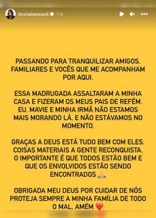 Imagem ilustrativa da imagem Bruna Biancardi se pronuncia após casa dos pais ser roubada