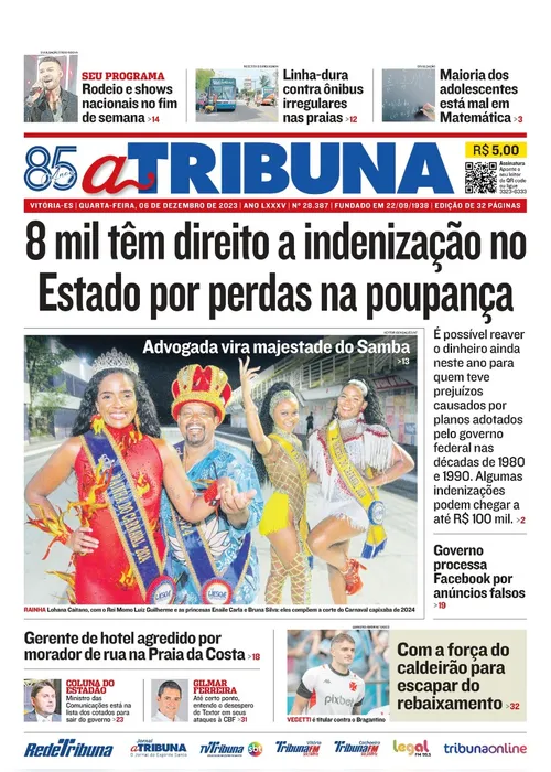 Imagem ilustrativa da imagem Confira os destaques do jornal A Tribuna desta quarta-feira