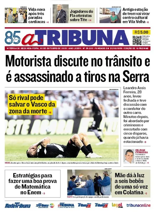 Imagem ilustrativa da imagem Confira os destaques do jornal A Tribuna desta segunda-feira