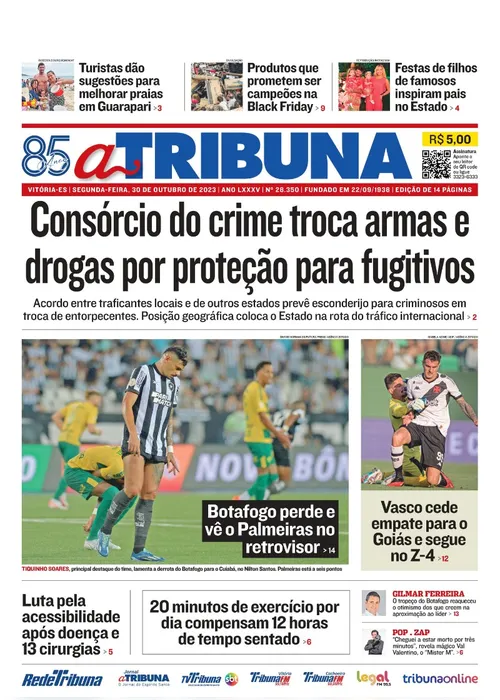 Imagem ilustrativa da imagem Confira os destaques do jornal A Tribuna desta segunda-feira