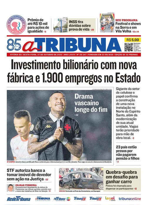 Imagem ilustrativa da imagem Confira os destaques do jornal A Tribuna desta sexta-feira