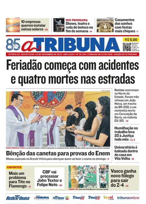 Imagem ilustrativa da imagem Confira os destaques do jornal A Tribuna desta sexta-feira