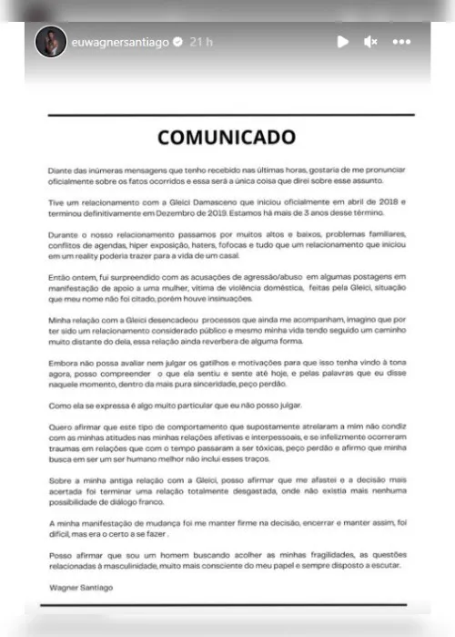 Imagem ilustrativa da imagem Ex-BBB Wagner pede perdão a Gleici Damasceno após acusação de agressão