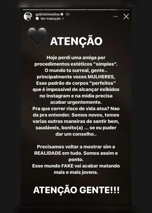 Imagem ilustrativa da imagem Gabriel Medina lamenta morte de Lu Andrade e desabafa: ‘o mundo tá surreal’