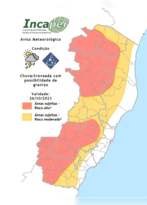 Imagem ilustrativa da imagem Instituto emite aviso para risco de temporal e de chuva granizo em regiões do ES