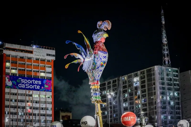 Imagem ilustrativa da imagem Galo Gigante da Paz já está de pé no Centro do Recife. Que venha agora a folia!