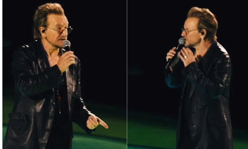 Imagem ilustrativa da imagem Bono interrompe show do U2 para pedir que plateia grite nome de Alexei Navalni