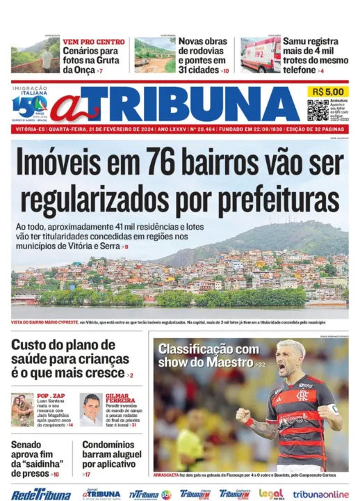 Imagem ilustrativa da imagem Confira os destaques do jornal A Tribuna desta quarta-feira