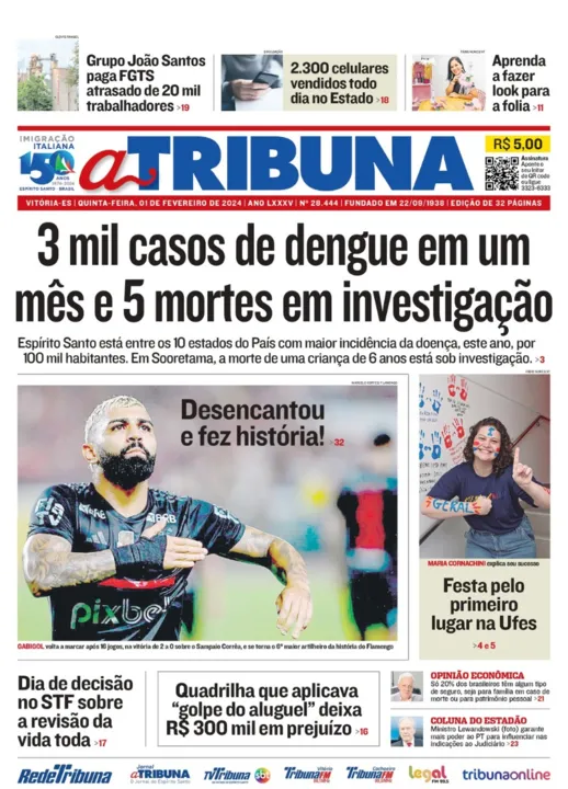 Imagem ilustrativa da imagem Confira os destaques do jornal A Tribuna desta quinta-feira