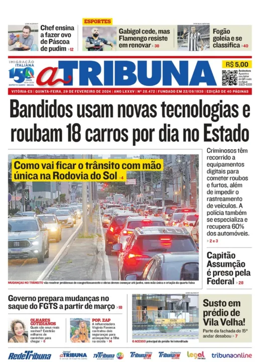 Imagem ilustrativa da imagem Confira os destaques do jornal A Tribuna desta quinta-feira