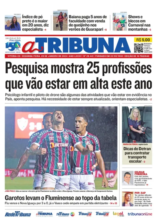 Imagem ilustrativa da imagem Confira os destaques do jornal A Tribuna desta segunda-feira