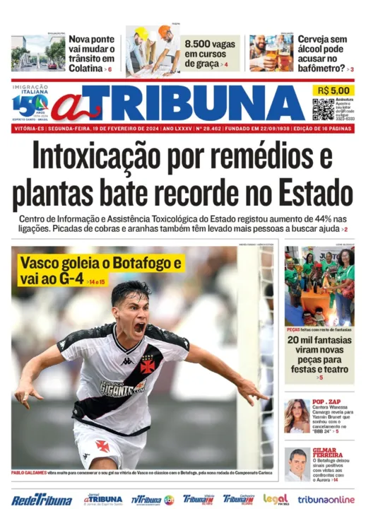 Imagem ilustrativa da imagem Confira os destaques do jornal A Tribuna desta segunda-feira