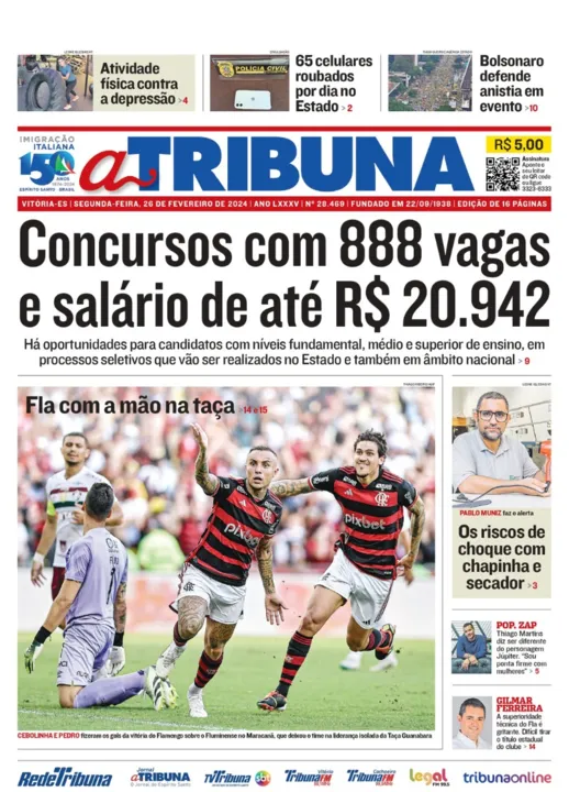 Imagem ilustrativa da imagem Confira os destaques do jornal A Tribuna desta segunda-feira