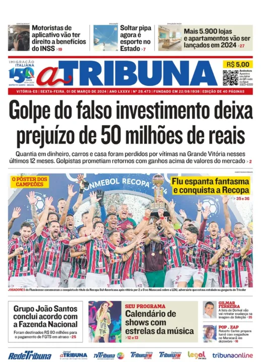 Imagem ilustrativa da imagem Confira os destaques do jornal A Tribuna desta sexta-feira