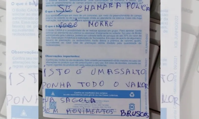 Imagem ilustrativa da imagem Homem usa bilhete para anunciar assalto em casa lotérica na Bahia
