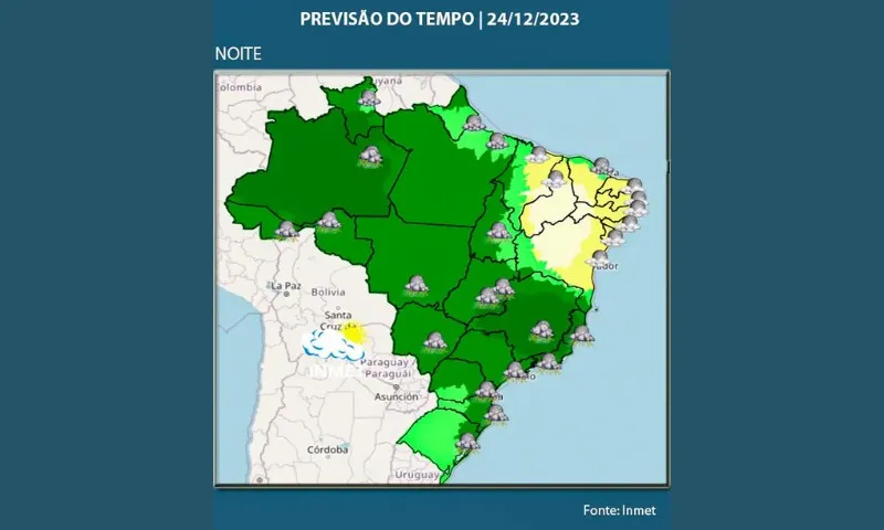 Imagem ilustrativa da imagem Noite de Natal pode ser chuvosa na maior parte do país