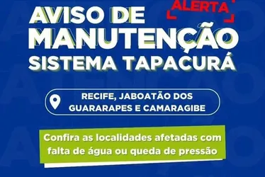 Imagem ilustrativa da imagem Serviço no Sistema Tapacurá suspenderá fornecimento de água no Grande Recife