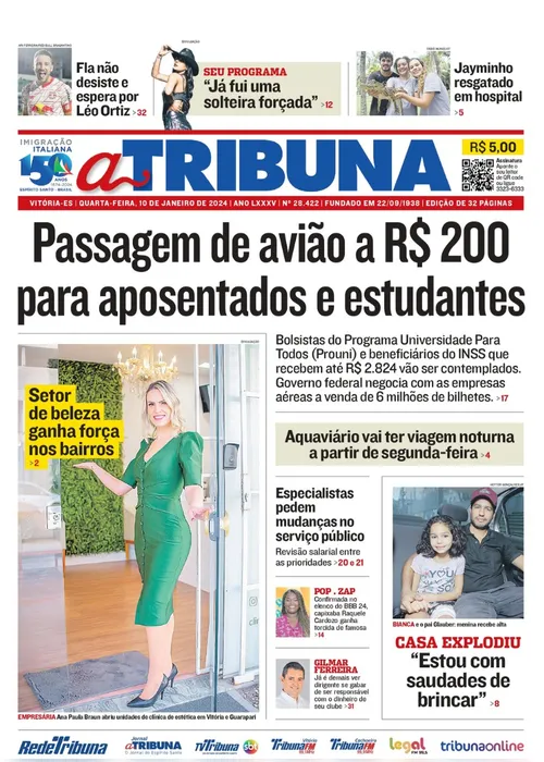 Imagem ilustrativa da imagem Confira os destaques do jornal A Tribuna desta quarta-feira