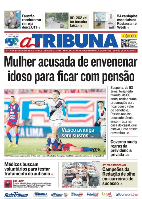 Imagem ilustrativa da imagem Confira os destaques do jornal A Tribuna desta quarta-feira