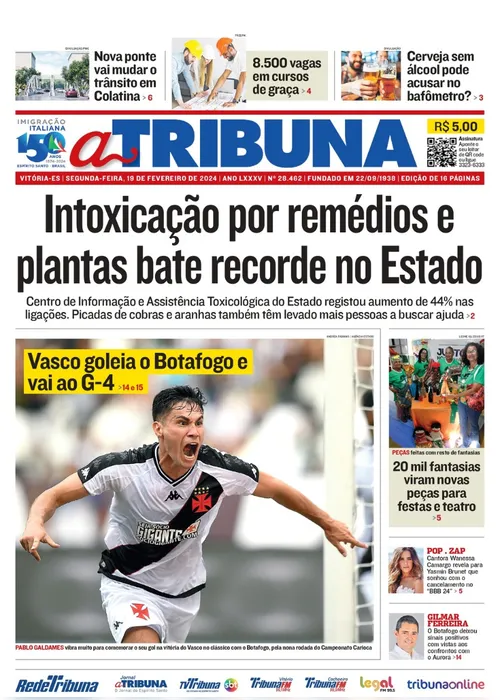 Imagem ilustrativa da imagem Confira os destaques do jornal A Tribuna desta segunda-feira
