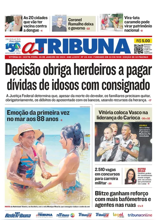Imagem ilustrativa da imagem Confira os destaques do jornal A Tribuna desta sexta-feira