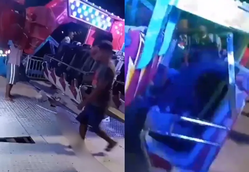 Vídeos que circulam nas redes sociais mostram o jovem ainda preso no brinquedo momentos após o acidente