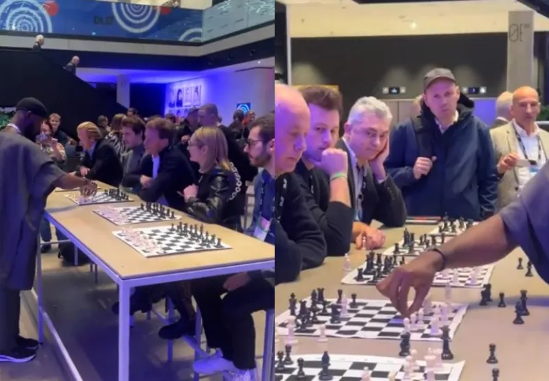O mestre de xadrez caminha entre eles fazendo as jogadas e os cumprimentando após vencê-los