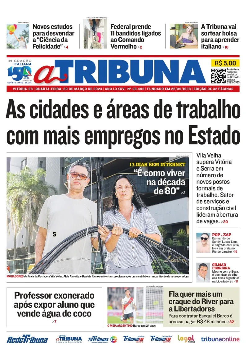 Imagem ilustrativa da imagem Confira os destaques do jornal A Tribuna desta quarta-feira