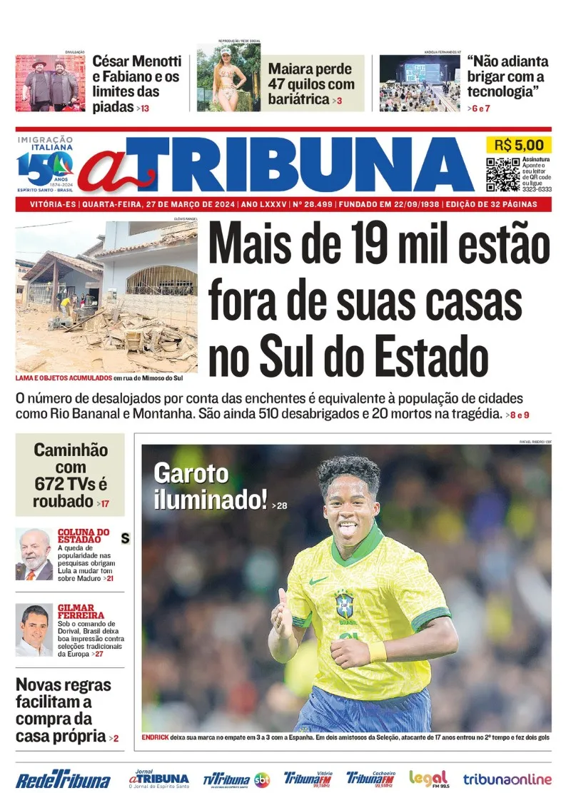 Imagem ilustrativa da imagem Confira os destaques do jornal A Tribuna desta quarta-feira