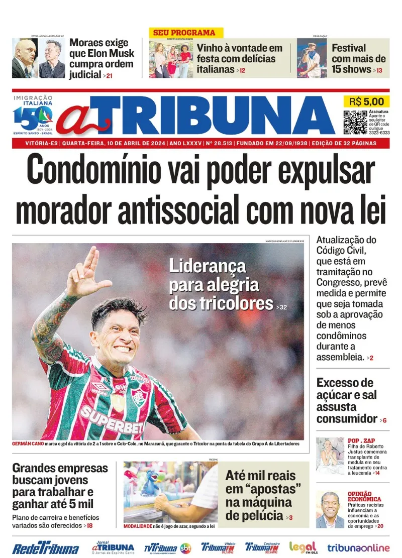 Imagem ilustrativa da imagem Confira os destaques do jornal A Tribuna desta quarta-feira