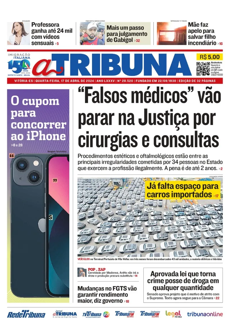 Imagem ilustrativa da imagem Confira os destaques do jornal A Tribuna desta quarta-feira