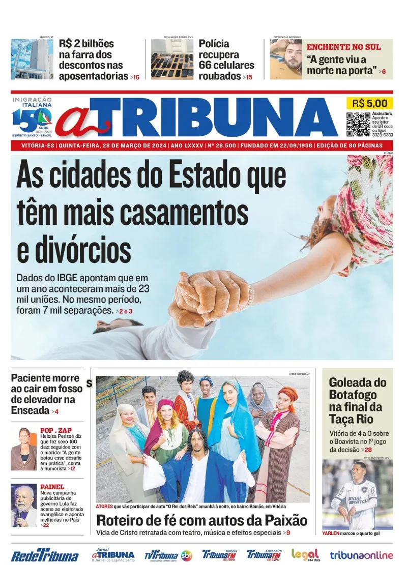 Imagem ilustrativa da imagem Confira os destaques do jornal A Tribuna desta quinta-feira