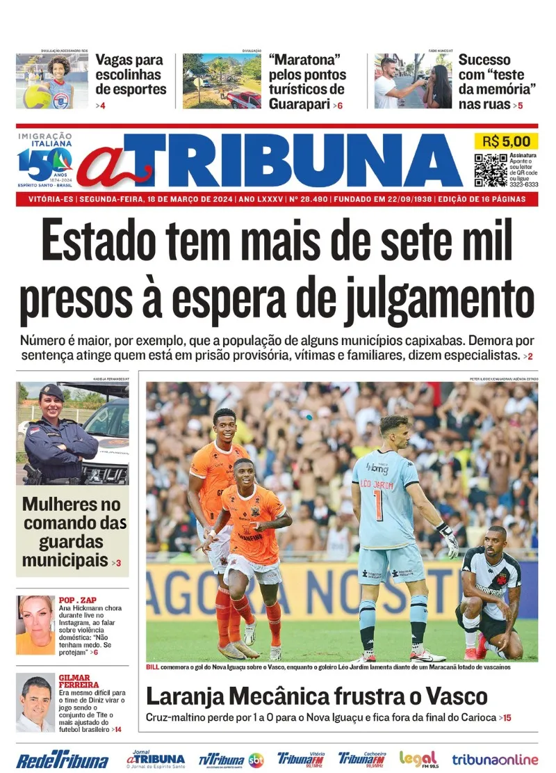 Imagem ilustrativa da imagem Confira os destaques do jornal A Tribuna desta segunda-feira