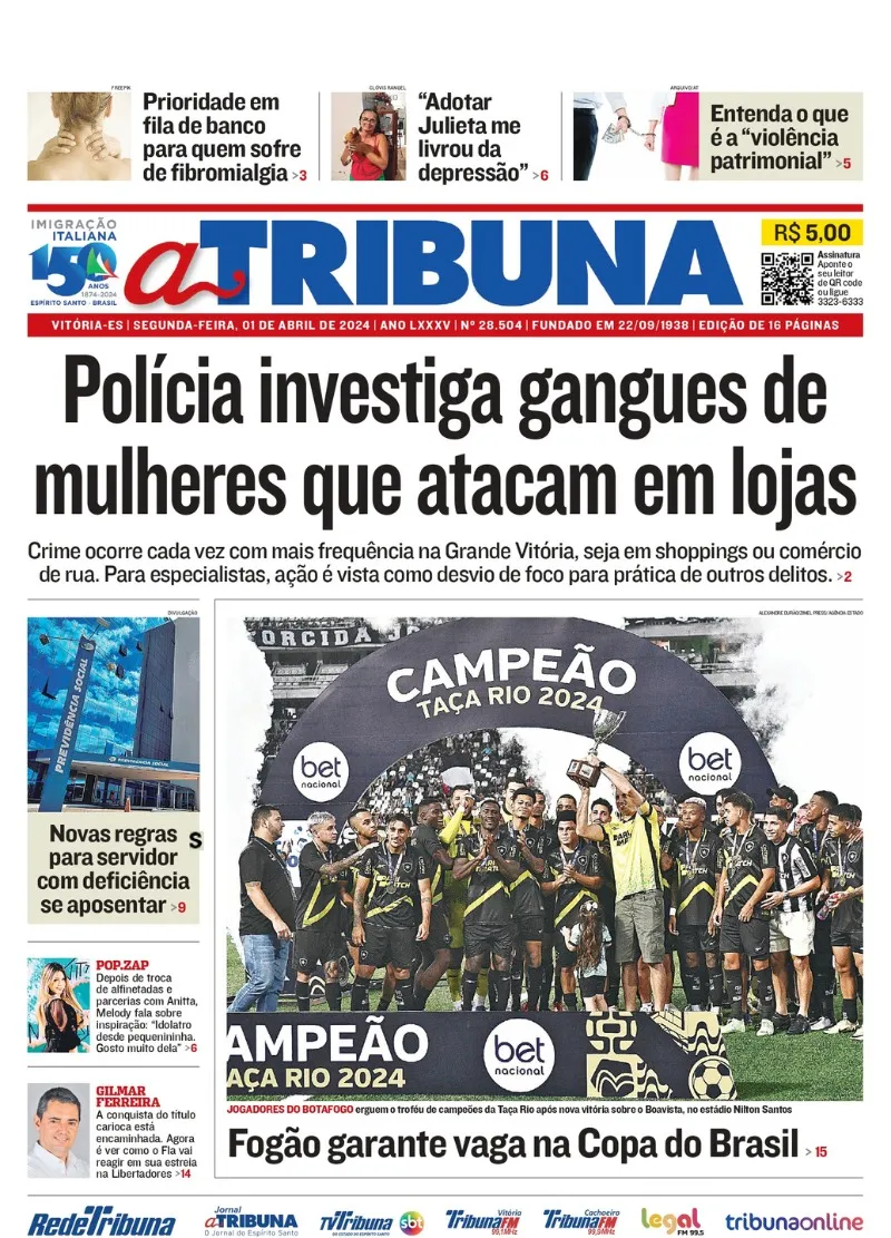 Imagem ilustrativa da imagem Confira os destaques do jornal A Tribuna desta segunda-feira