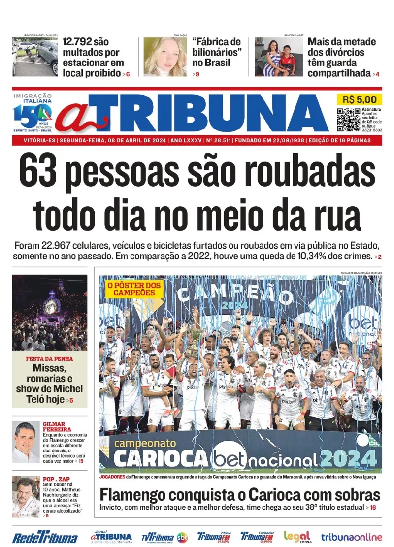 Imagem ilustrativa da imagem Confira os destaques do jornal A Tribuna desta segunda-feira