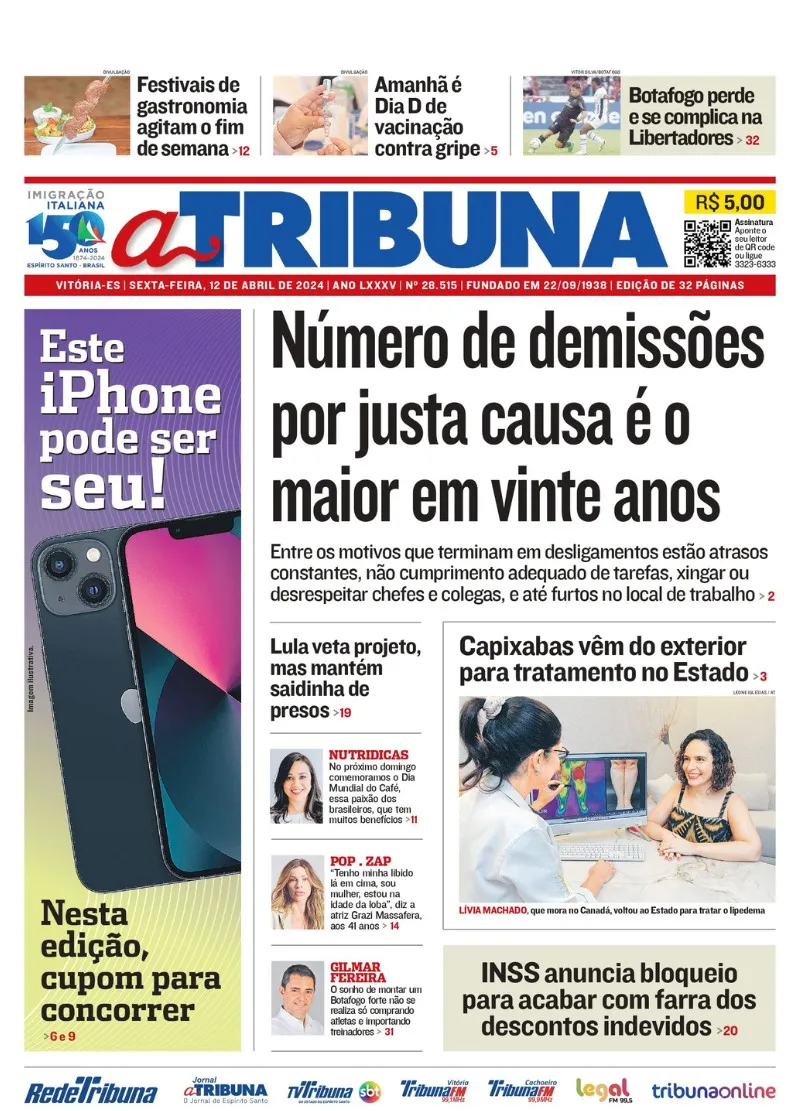 Imagem ilustrativa da imagem Confira os destaques do jornal A Tribuna desta sexta-feira