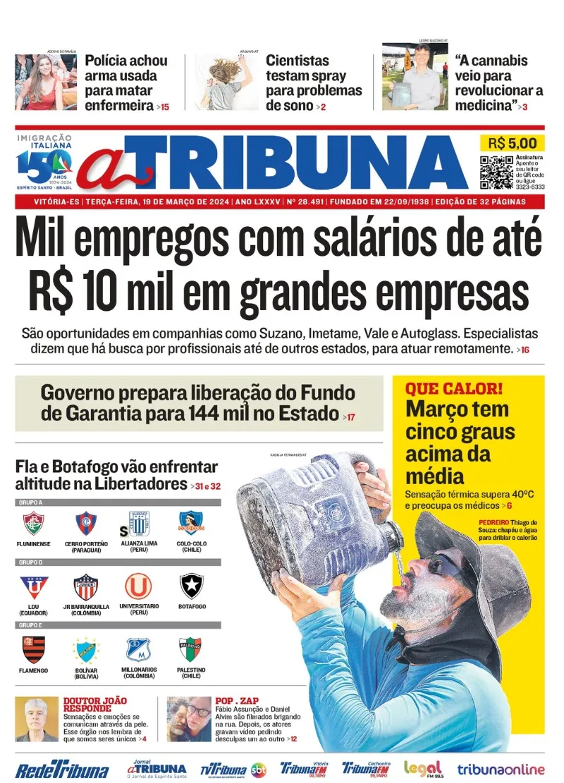 Imagem ilustrativa da imagem Confira os destaques do jornal A Tribuna desta terça-feira