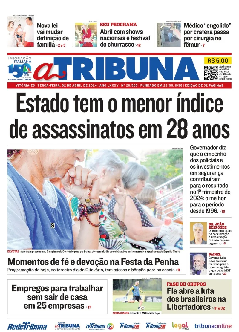 Imagem ilustrativa da imagem Confira os destaques do jornal A Tribuna desta terça-feira