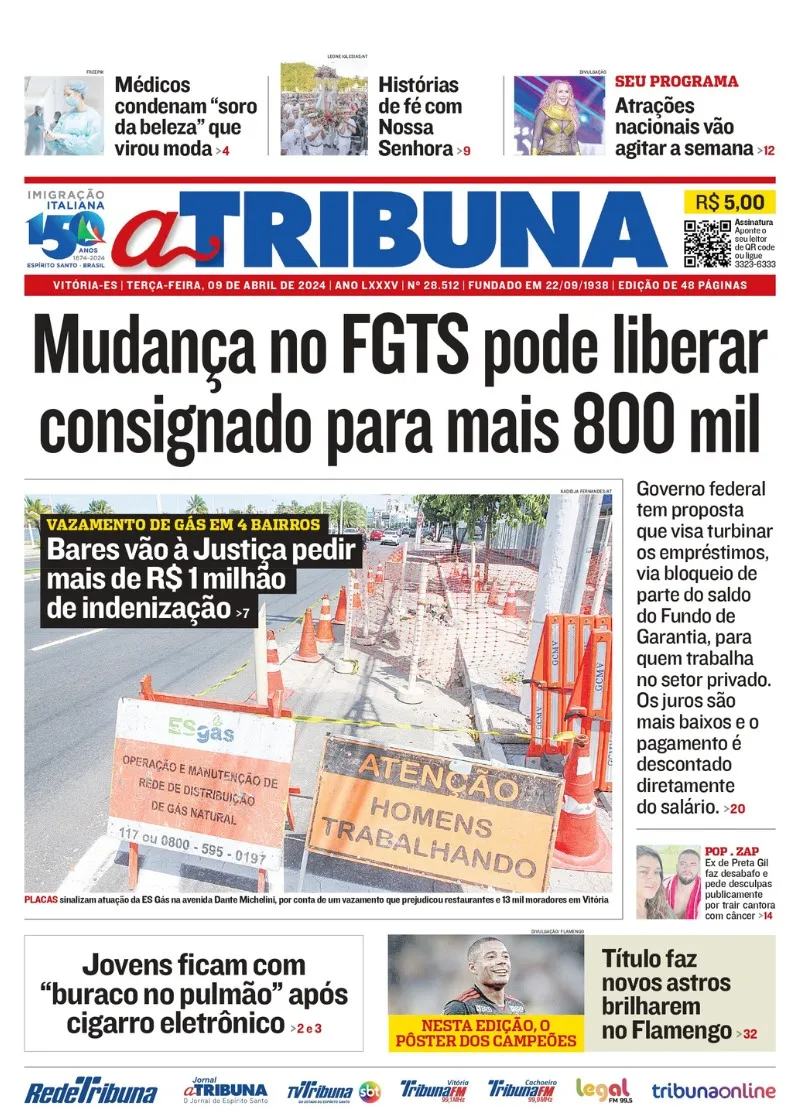 Imagem ilustrativa da imagem Confira os destaques do jornal A Tribuna desta terça-feira