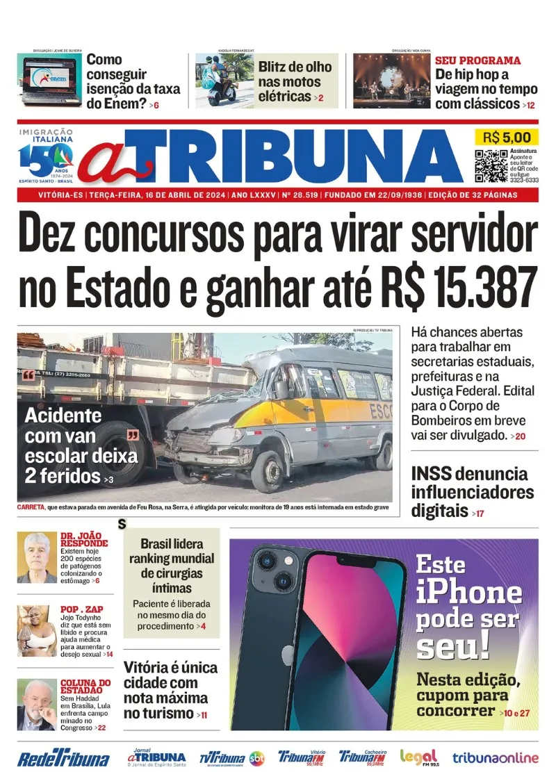 Imagem ilustrativa da imagem Confira os destaques do jornal A Tribuna desta terça-feira