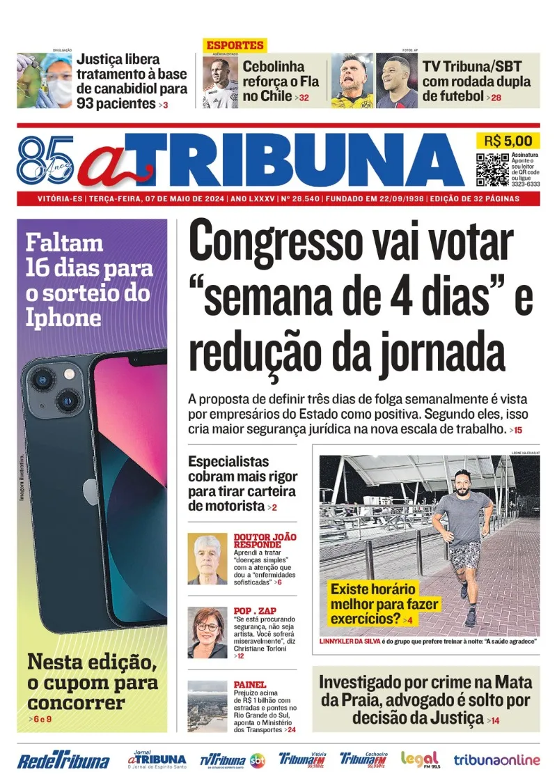 Imagem ilustrativa da imagem Confira os destaques do jornal A Tribuna desta terça-feira