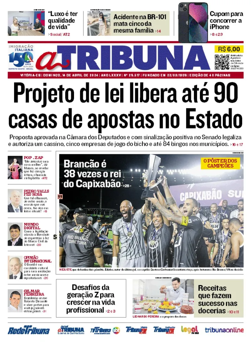 Imagem ilustrativa da imagem Confira os destaques do jornal A Tribuna deste domingo